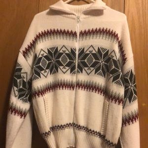 Scandia Woods, zip up sweater, white with blue and red